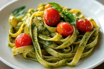 Rustic plate of ribbon pasta tossed in green pesto with glossy cherry tomatoes and fresh basil, vibrant and inviting