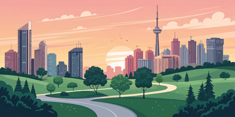 Stunning Toronto skyline sunrise view from park, showcasing urban nature and iconic cityscape, perfect for travel guides or city promotion materials