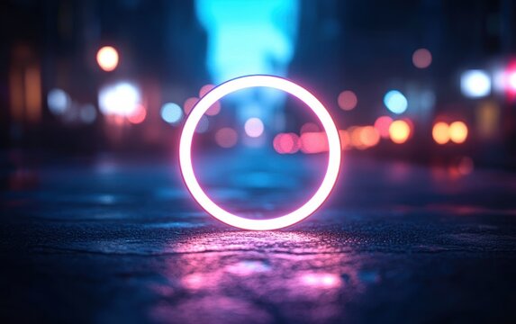 glowing neon circle on wet city street at night with blurred colorful bokeh lights, reflective puddles and a futuristic mysterious mood