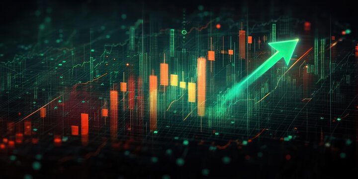 glowing neon candlestick chart and green upward arrow on a digital grid conveying dynamic market growth and optimistic momentum