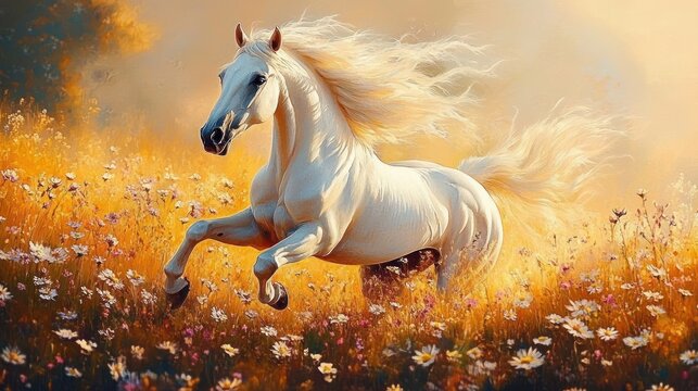 majestic white horse galloping through a sunlit wildflower meadow with flowing mane and tail, evoking freedom and joyful energy