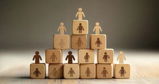stacked wooden blocks forming a pyramid with engraved human silhouettes and small wooden figures representing leadership and teamwork, evoking organization and cohesion
