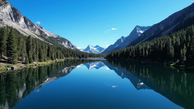 Low aerial shot gliding over a perfectly still mountain lake creating a flawless mirror reflection of the dense evergreen forest and clear blue sky flawless mirror reflection, blue sky, wilderness