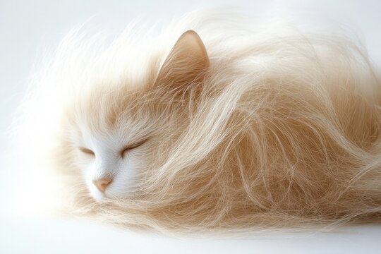 sleeping fluffy cream long-haired cat curled into a soft fur nest, peaceful and serene expression - Powered by Adobe