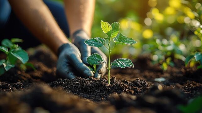 Gloved hands gently planting a young green seedling in rich soil with warm sunlight and blurred seedlings in the background, nurturing new life and hope - Powered by Adobe
