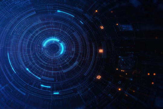 Glowing blue circular digital interface with concentric rings, radial grid lines and small orange data nodes on dark background conveying futuristic, mysterious high-tech energy