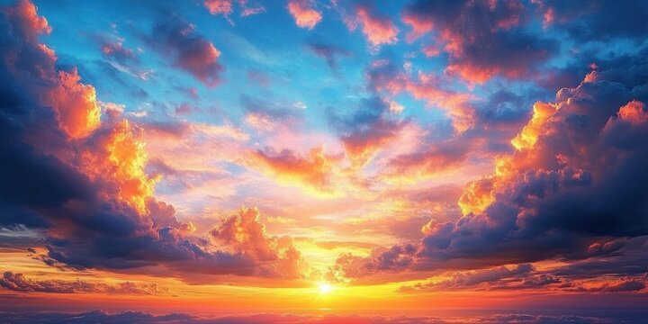 Majestic vibrant sunset over a calm ocean horizon with dramatic colorful clouds and warm golden light evoking serenity and awe