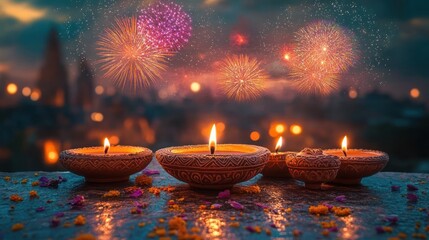 glowing terracotta oil lamps on a stone ledge with scattered marigold and rose petals, flickering flames and colorful fireworks over a blurred city skyline — warm festive serenity