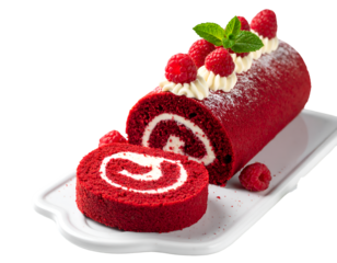 Red velvet roll cake with cream cheese frosting and raspberries isolated on tansparent png