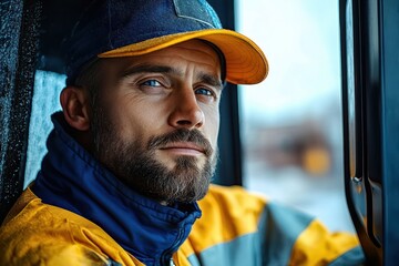 Focused driver in yellow and blue jacket and cap seated inside vehicle cab by raindrop-speckled window, calm and contemplative mood