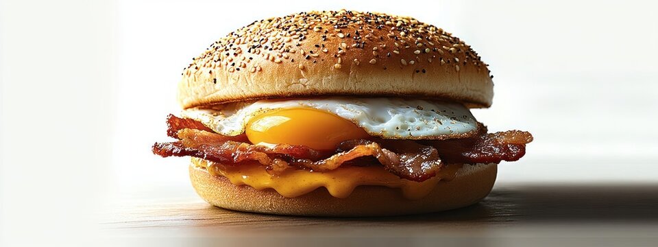 Close-up breakfast sandwich on wooden surface with sesame seed bun, melted cheese, crispy bacon and fried egg with runny yolk, appetizing and indulgent - Powered by Adobe