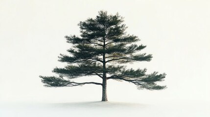 solitary evergreen tree on a snow-covered plain with wide sparse branches, minimalist serene winter solitude