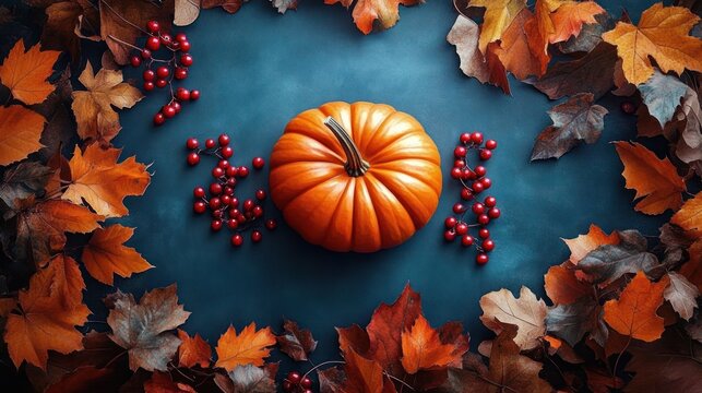 single plump orange pumpkin surrounded by red berries and scattered autumn leaves on a deep teal background, cozy warm seasonal harvest still life