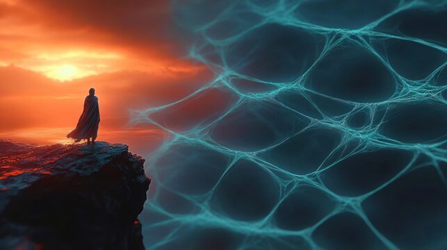 solitary cloaked figure stands on a rocky cliff at sunset overlooking the ocean while a glowing blue web of filaments drifts nearby, evoking awe, mystery and quiet contemplation