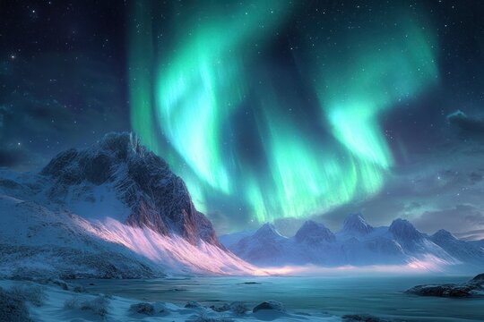 Aurora borealis swirling above snow-covered coastal mountains and calm sea, starry night sky, serene and majestic light over icy shoreline