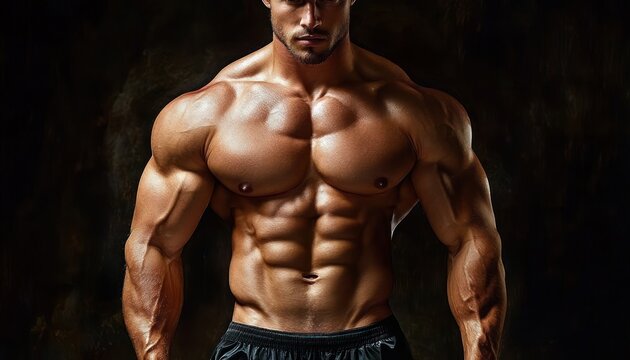 oiled muscular male torso with defined chest, six-pack abs, broad shoulders and sculpted arms against a dark background, radiating strength and confidence