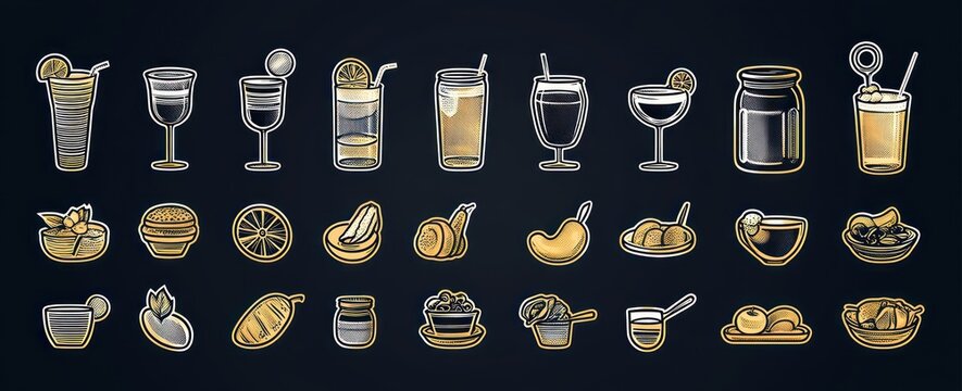Hand-drawn gold and white icons of drinks and small dishes on dark background, featuring cocktails, tall glasses, mason jar, cups, bowls, fruits and snacks; playful inviting mood - Powered by Adobe