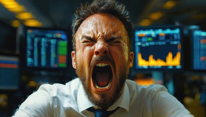 man in white shirt and loosened tie leaning forward at a busy trading desk with glowing monitors showing stock charts and numbers, focused and tense