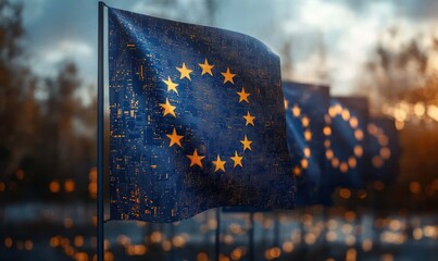 Row of blue flags with a circular ring of twelve glowing gold stars and circuit board texture, futuristic warm evening light, hopeful mood