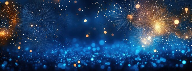 gold and blue fireworks bursting over a shimmering blue bokeh field with warm sparkling particles, evoking joyful festive and magical celebration