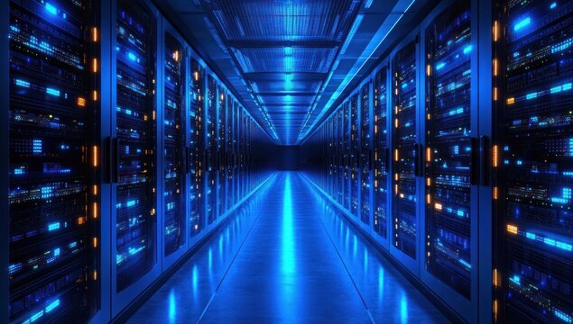Symmetrical blue lit aisle of server racks in a data center with glowing blue and orange indicator lights, modern hardware and a futuristic clinical atmosphere