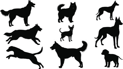 Dog silhouettes set, a vector illustration collection of various breeds, pet animals in different poses, standing, running, and jumping, isolated.