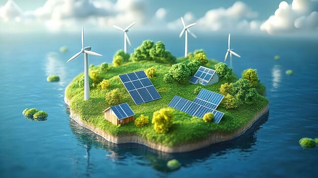 Idyllic green island with solar panels, wind turbines, tiny houses and trees surrounded by calm ocean, peaceful hopeful clean energy scene - Powered by Adobe