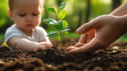 Adult hand and child hand nurturing a young seedling in soil bathed in warm sunlight, conveying care, hope, tenderness and connection to nature