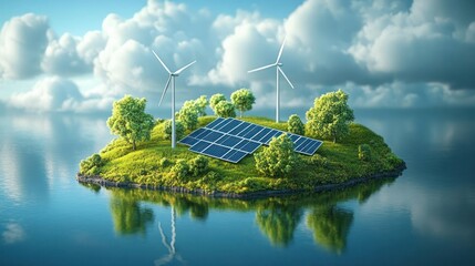small green island with solar panels and wind turbines surrounded by calm reflective water under dramatic clouds, evoking a peaceful hopeful sustainable scene