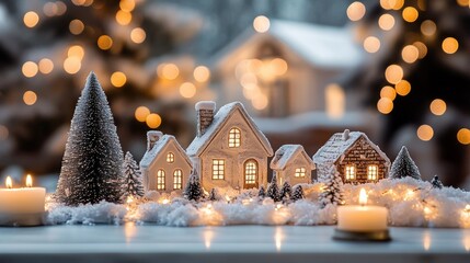 Snowy miniature village with glowing windows, frosted evergreen trees and lit candles creating a warm, cozy festive bokeh atmosphere