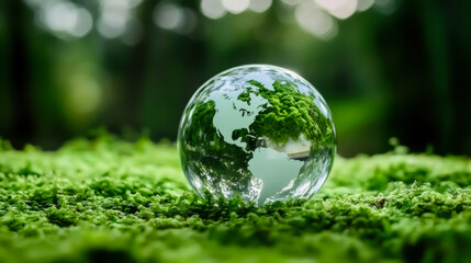 Crystal globe glass on green moss in forest to protect nature Save and care World for sustainable