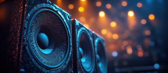 close-up of three stage speakers with textured cones bathed in blue light and warm bokeh stage lights, creating an energetic, immersive concert atmosphere