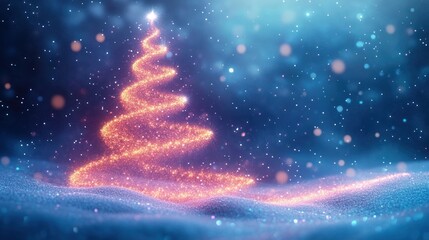 Glowing spiral golden tree of light crowned by a bright star above glittering snow, gentle falling snowflakes and blue bokeh sky evoking magical peaceful festive wonder