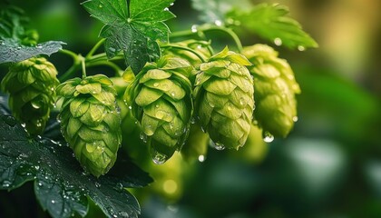 cluster of fresh green hop cones and leaves dripping with dew in soft morning light, evoking serene refreshing calm