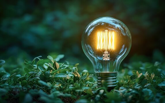 Glowing filament light bulb nestled among green leaves and ground foliage at dusk, warm soft light conveying peaceful hopeful innovation