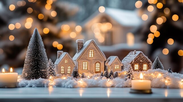 Snowy miniature village with glowing windows, frosted evergreen trees and lit candles creating a warm, cozy festive bokeh atmosphere