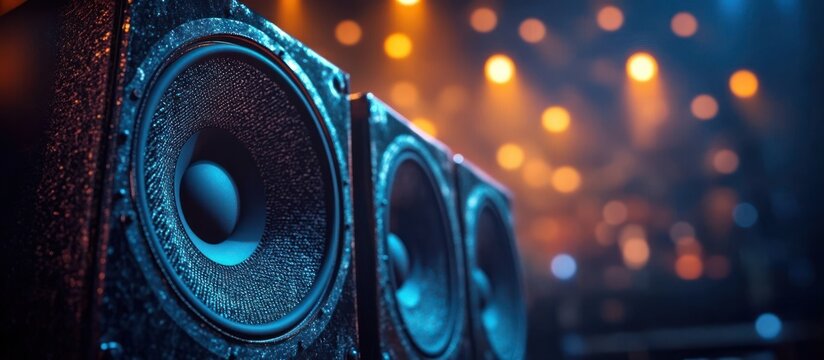 close-up of three stage speakers with textured cones bathed in blue light and warm bokeh stage lights, creating an energetic, immersive concert atmosphere