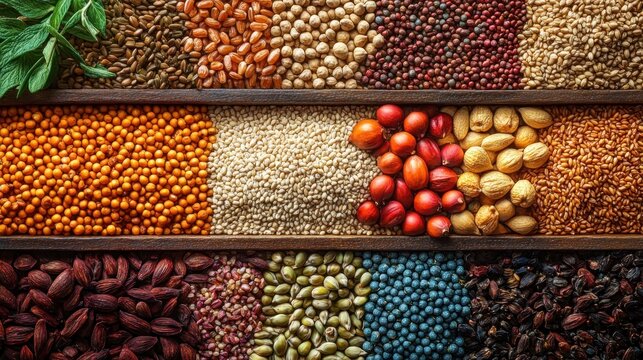 Colorful display of assorted seeds, grains, legumes, nuts and spices in wooden trays with fresh mint leaves, evoking rustic abundance and warmth - Powered by Adobe