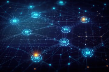 glowing interconnected network nodes on a dark grid with blue neon lines and orange highlights conveying futuristic, dynamic digital connectivity