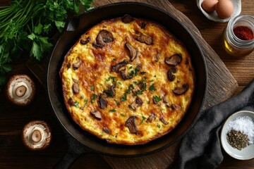 Golden mushroom frittata in a cast iron skillet with parsley garnish on a rustic wooden board surrounded by fresh mushrooms, eggs and seasonings, warm cozy breakfast vibe