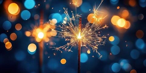 glowing sparkler with golden sparks and glittering blue and orange bokeh lights against a dark background, festive joyful and magical atmosphere