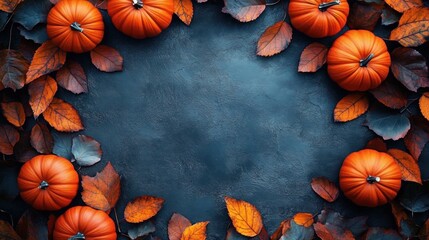 small orange pumpkins and autumn leaves arranged as a seasonal border on a dark textured surface, creating a cozy warm harvest mood with an empty center