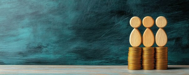 Three wooden figurines standing on stacks of gold coins on a wooden surface against a teal textured background conveying unity and financial stability