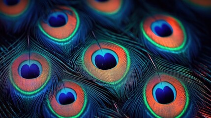 Macro close-up of iridescent peacock feathers with vivid blue and green eyespots, warm orange rings, shimmering texture and mesmerizing intricate plumage patterns