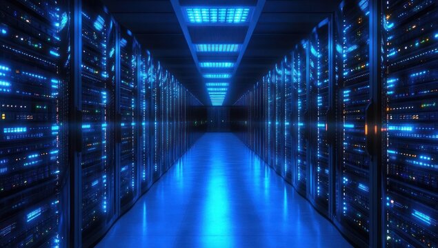 Long illuminated server room corridor with rows of glowing blue server racks reflecting on a polished floor, evoking a futuristic, cool, precise high-tech atmosphere
