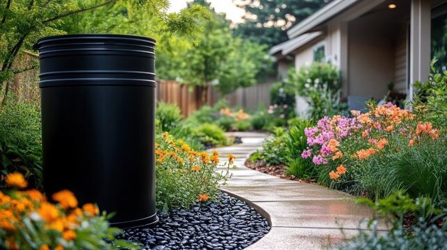 Winding paved garden path beside a suburban house with a black cylindrical bin, smooth river rock edging, vibrant orange and pink flowers and lush greenery, serene inviting scene
