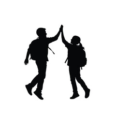 Two joyful students with backpacks giving a high five silhouette