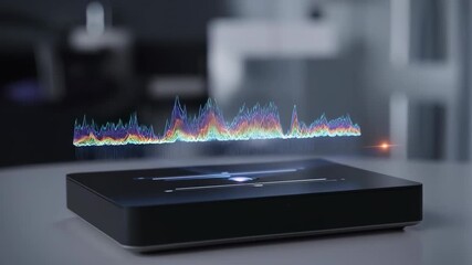 Smartphone audio visualization technology floating waveform display glowing spectrum interface holographic data visualization projecting - Powered by Adobe