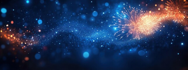 blue sparkling bokeh background with golden orange fireworks bursts and a glittering particle wave conveying a festive magical celebratory mood