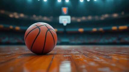 lonely basketball resting on a glossy hardwood court under bright arena lights with distant hoop and rain creating a tense, anticipatory atmosphere